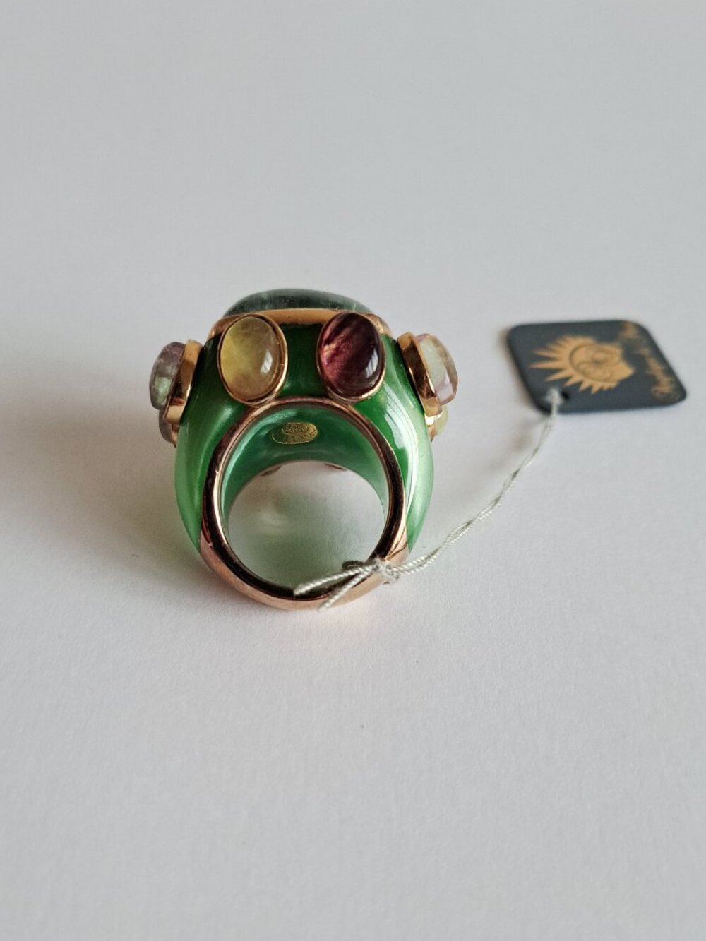 New Angelique de Paris Gold Plated Large Square Green Stones Ring Size 8 - Picture 9 of 17